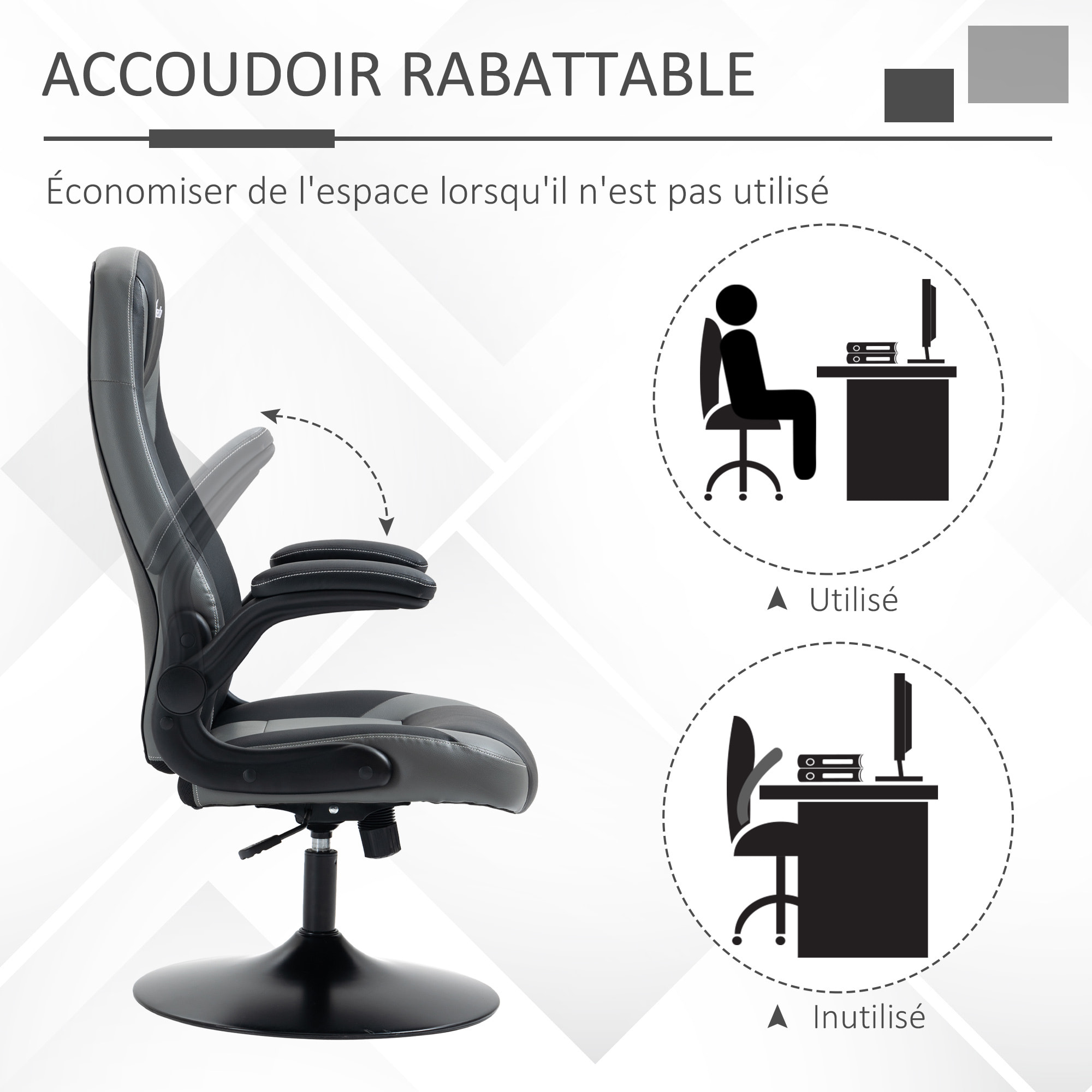 Fauteuil gaming base ronde métal pivotante 360° hauteur réglable fonction dossier bascule accoudoirs relevables PU gris noir