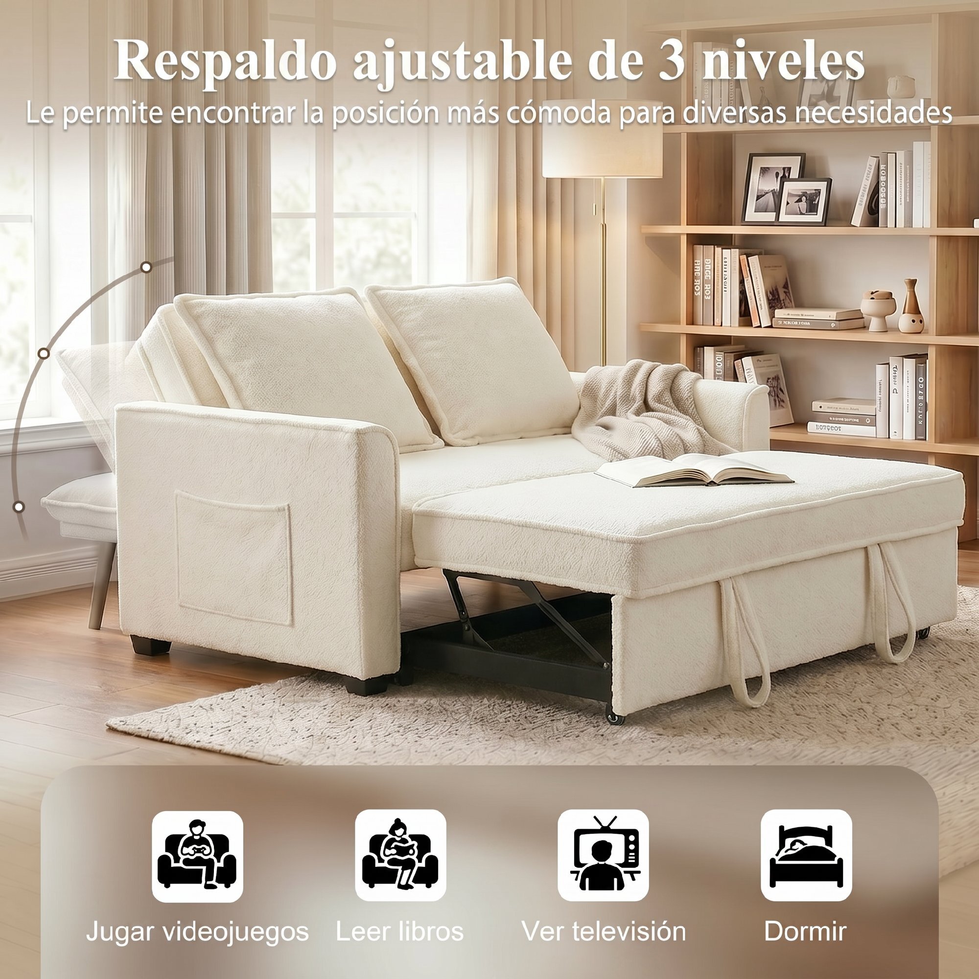 Sofá Cama 2 Plazas 3 en 1, Sofá Cama de Tejido Rizo con Respaldo Ajustable 3 Niveles, Bolsillos Laterales, 2 Almohadas con Fundas Extraíbles para Sala de Estar, Espacios Pequeños, Blanco Crema