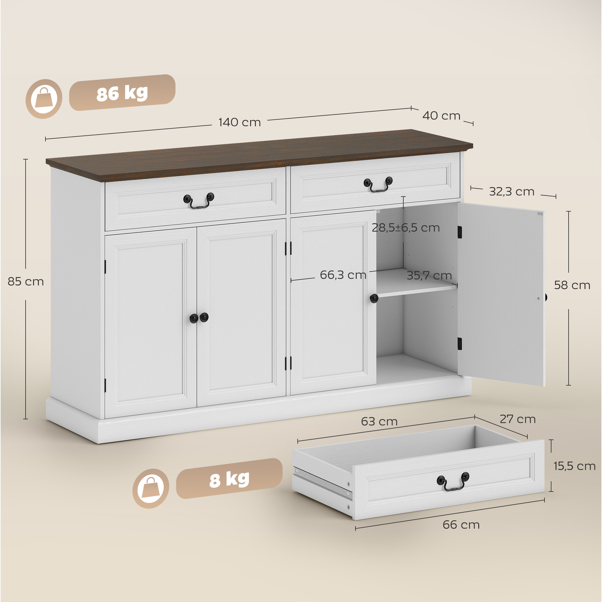 Buffet style classique chic - 4 portes, 2 étagères, 2 tiroirs - 140 x 40 x 85 cm - effet bois noyer blanc