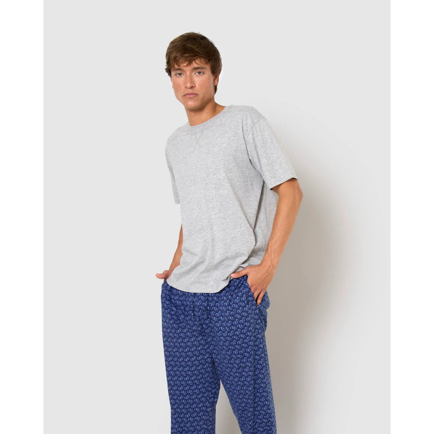 Pigiama lungo in cotone cicle, a maniche corte, con stampa denim grigia