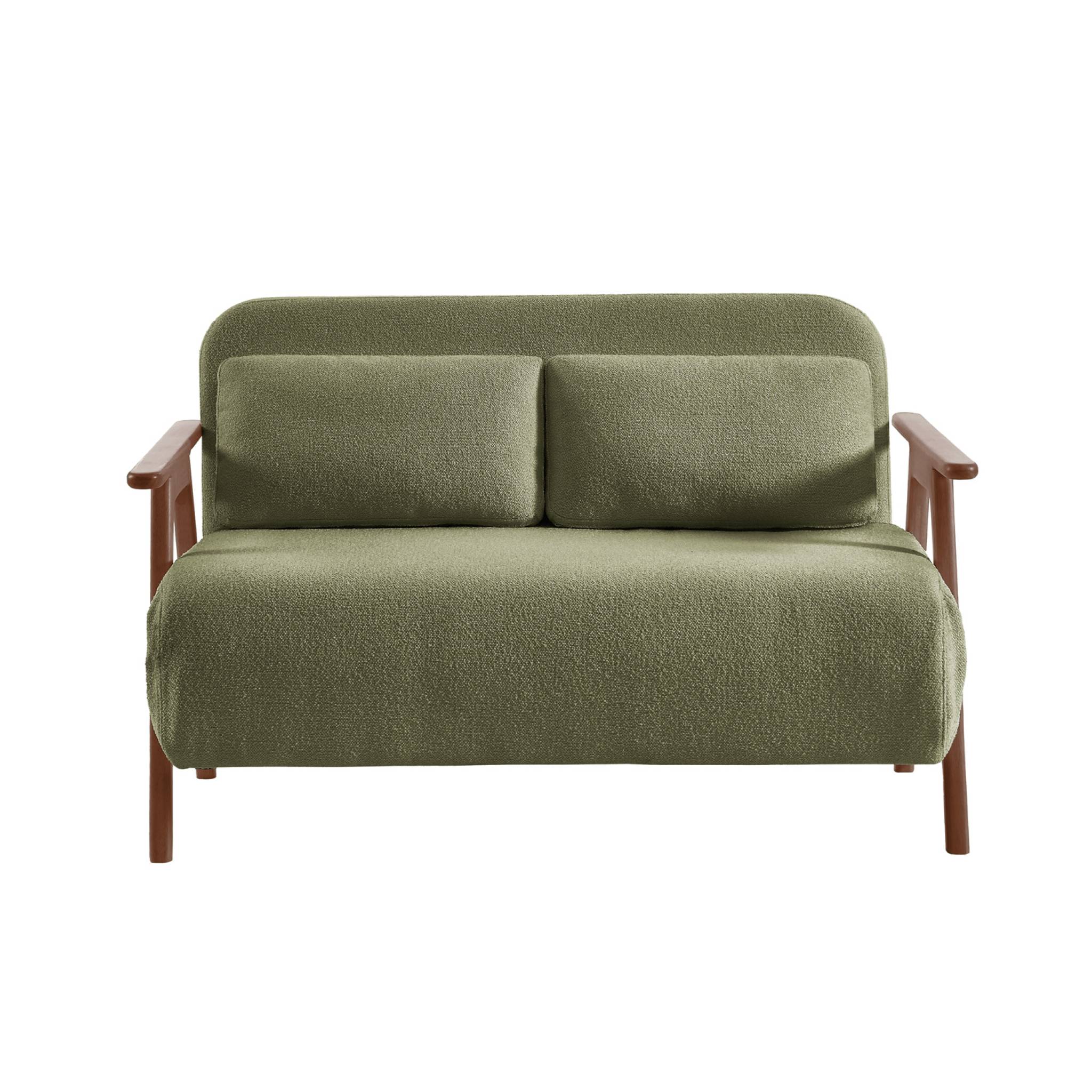 Banquette canapé convertible 2 places bois d'hévéa teinté noyer clair et bouclette texturée kaki L 133 x P 81 x 84cm - Sven