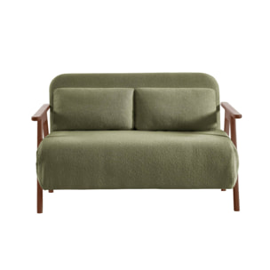 Banquette canapé convertible 2 places bois d'hévéa teinté noyer clair et bouclette texturée kaki L 133 x P 81 x 84cm - Sven