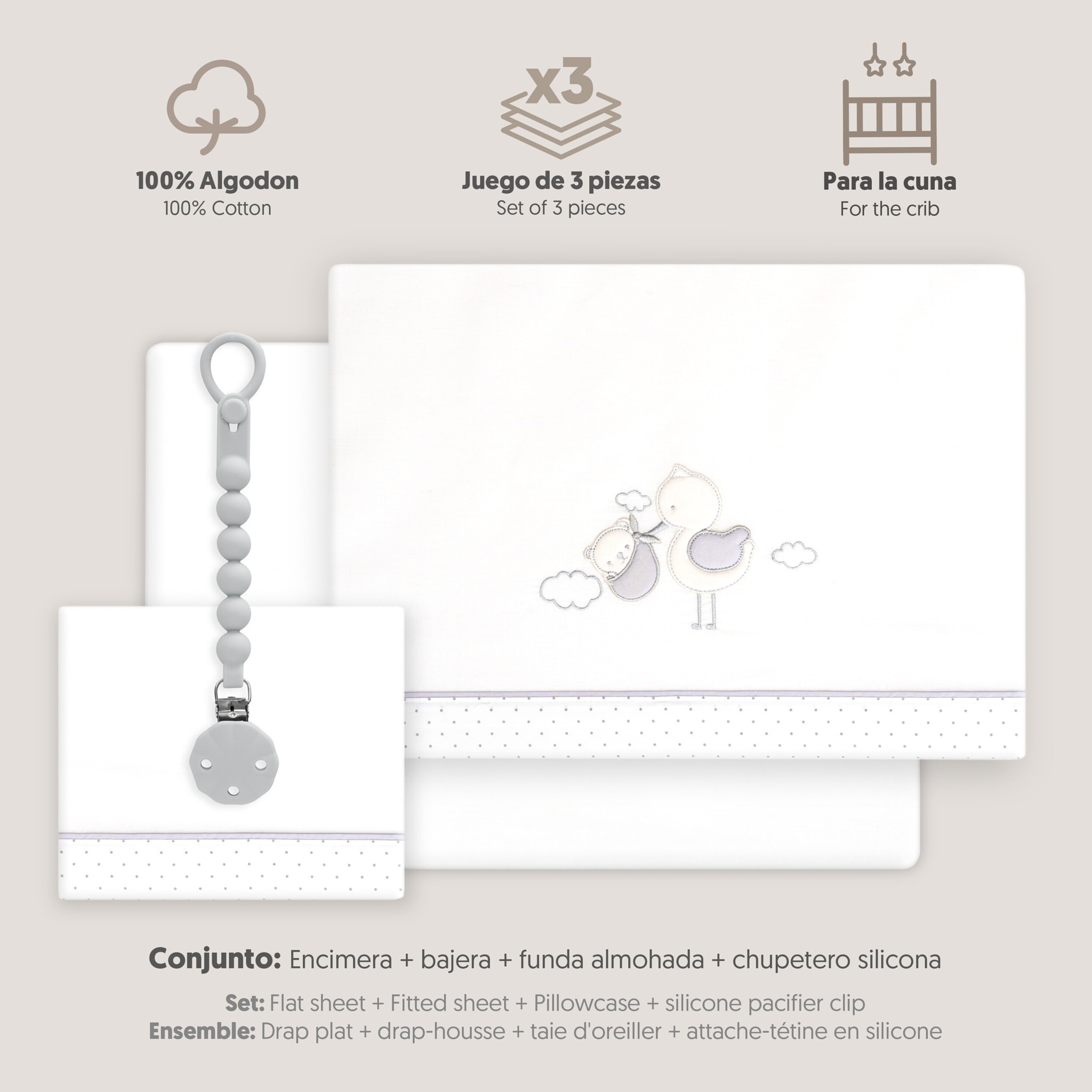 Triptico Cuna Cigueña Oso + Broche Bco/Gris