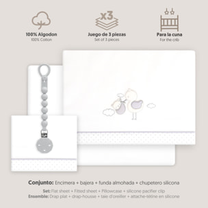 Triptico Cuna Cigueña Oso + Broche Bco/Gris