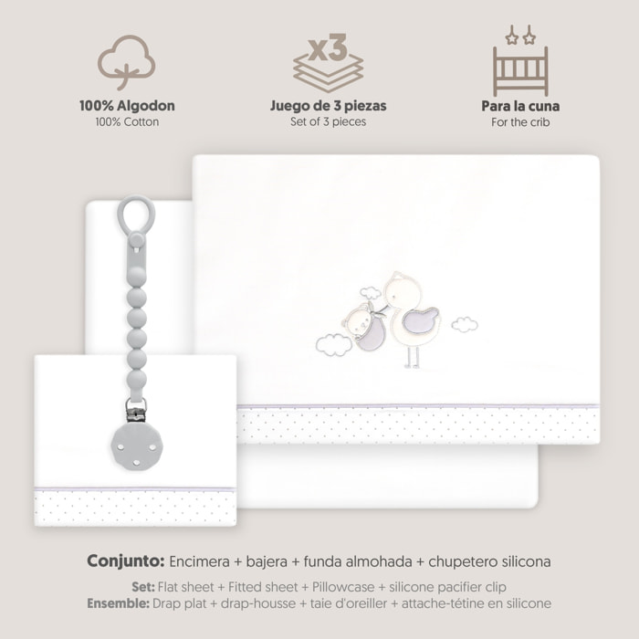Triptico Cuna Cigueña Oso + Broche Bco/Gris