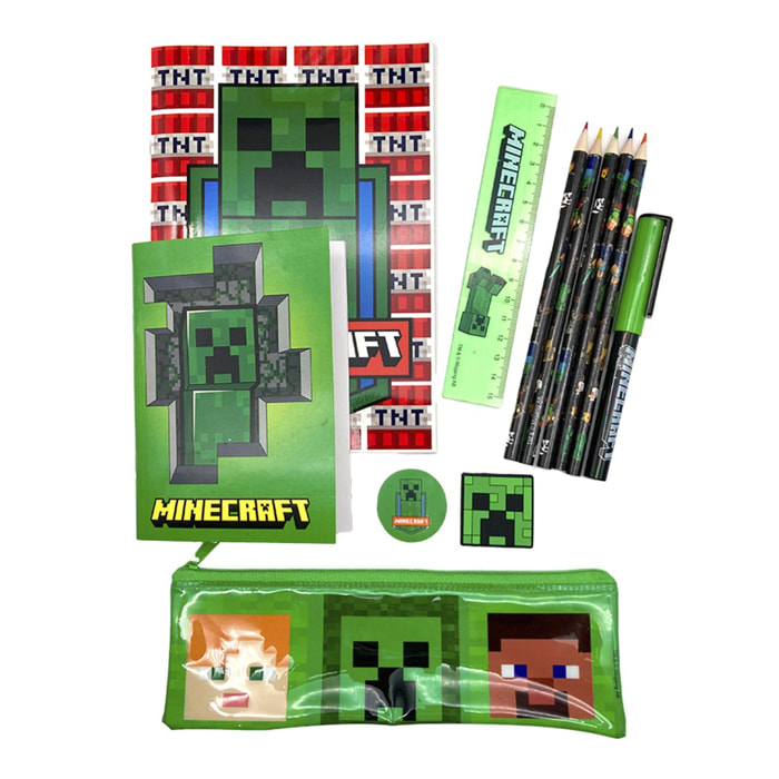 Minecraft Set de Papelería. Libreta A5, libreta, estuche, lápices de color, boligrafo, goma, sacapuntas y regla.