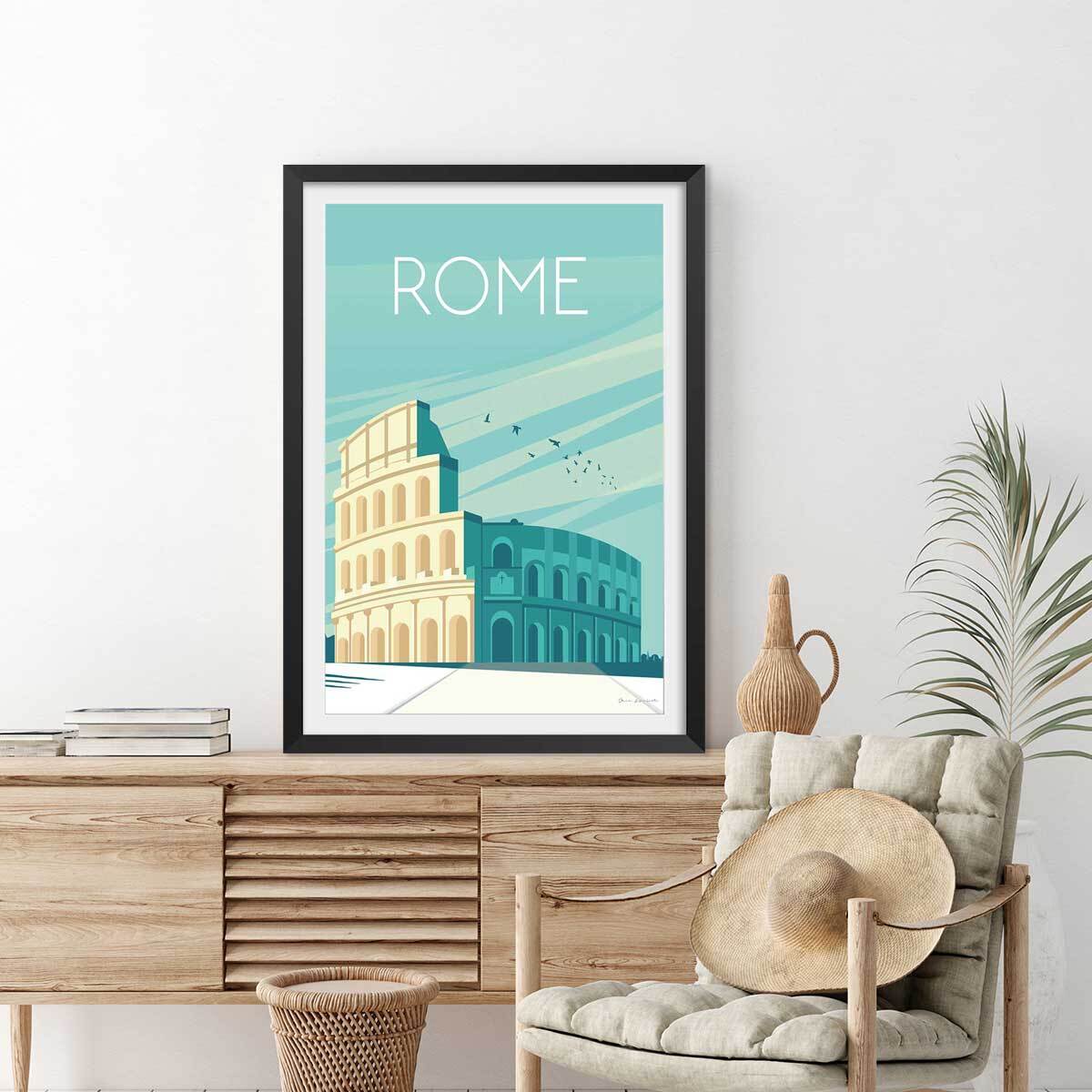 Affiche ville voyage Rome et son colisée Affiche + cadre en bois - Noir