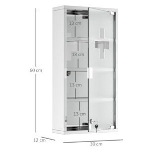 Armoire à pharmacie 3 étagères 4 niveaux 30L x 12l x 60H cm porte verre trempé symbole croix acier inoxydable brossé