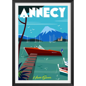 Poster de château et lac d' annecy Affiche + cadre en bois - Noir