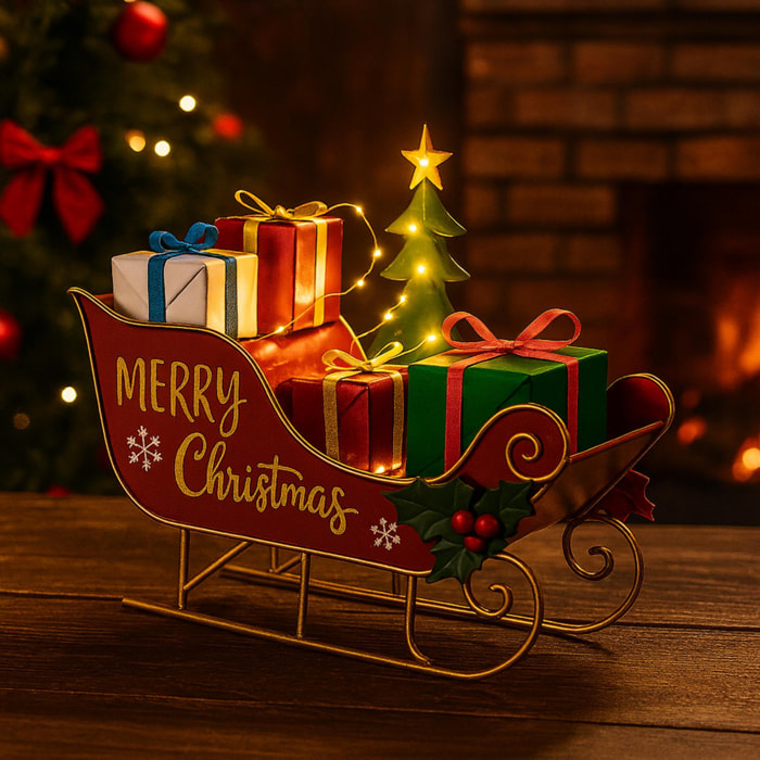 Figura decorativa de trineo con regalos de metal y luces led