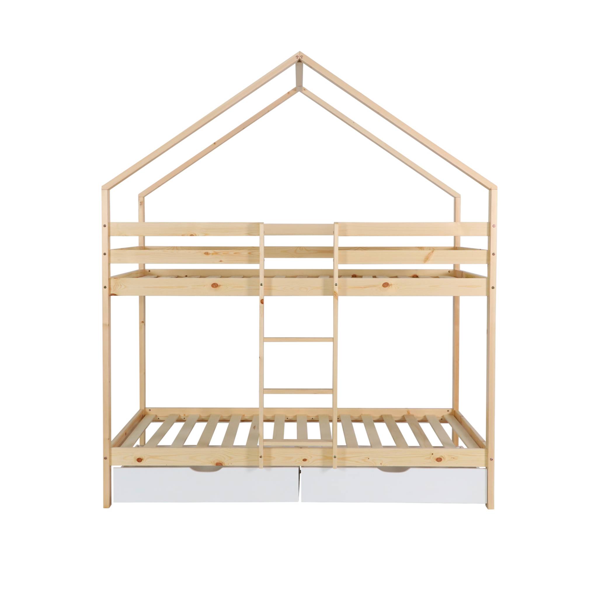 Lit enfant superposé cabane 90 x 190 cm pin naturel avec tiroirs de rangement ROYA
