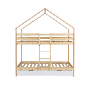 Lit enfant superposé cabane 90 x 190 cm pin naturel avec tiroirs de rangement ROYA