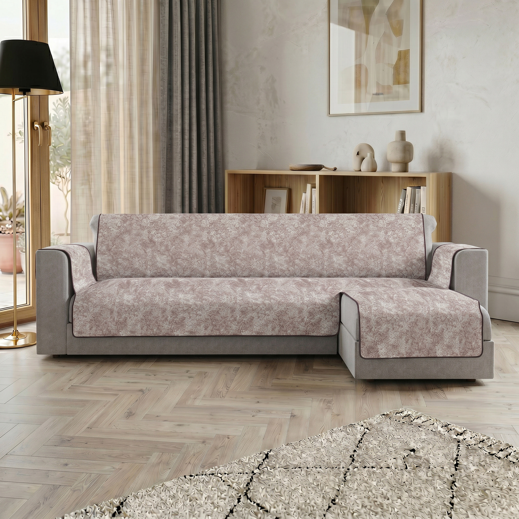 COPRIDIVANO GLAMOUR con Penisola DESTRA, Antiscivolo, Cotone+Microfibra+Fibre Varie, Made in Italy - MARRONE