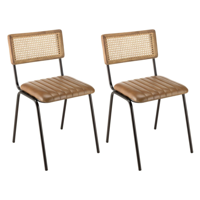 MARCEL - Lot de 2 chaises manguier assise matelassée cuir dossier droit