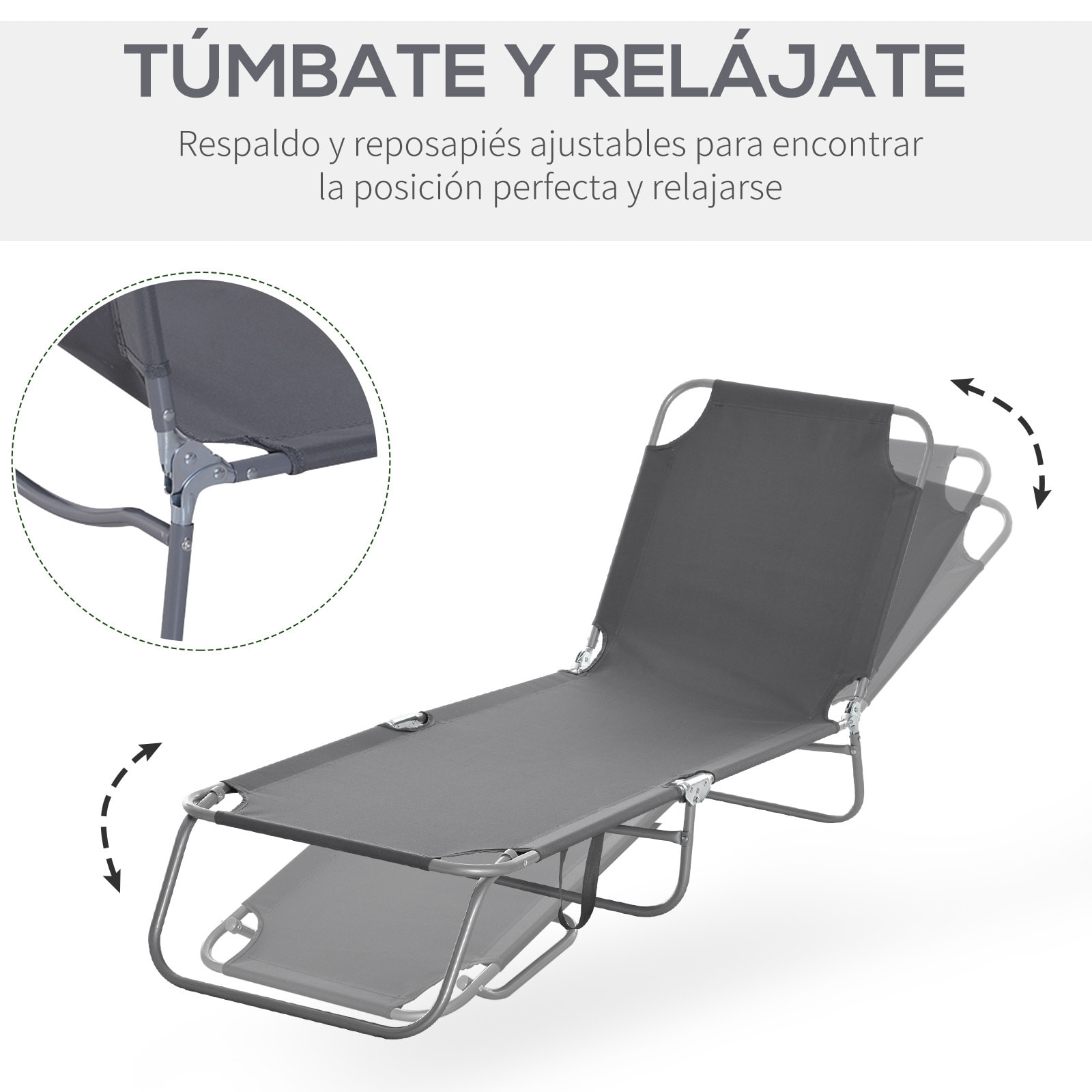 Tumbona Plegable Tumbona Jardín Exterior con Respaldo Ajustable en 5 Posiciones y Estructura Metálica Carga 120 kg para Terraza Piscina Playa 187x55x24 cm Gris