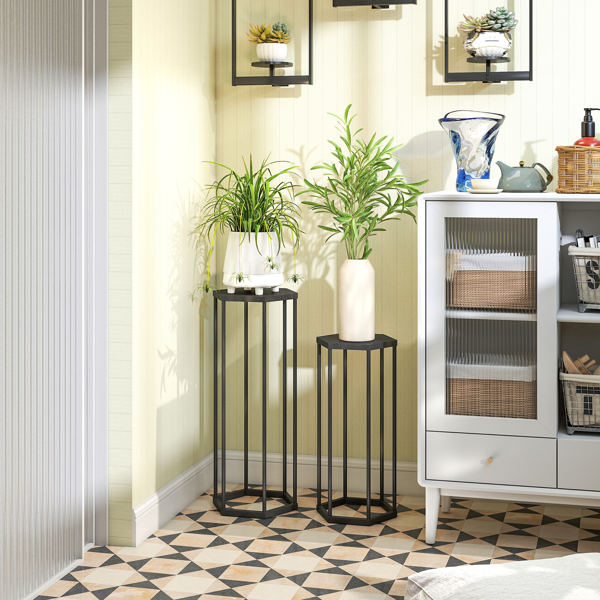 Lot de 2 supports pour plantes hexagonal métal noir