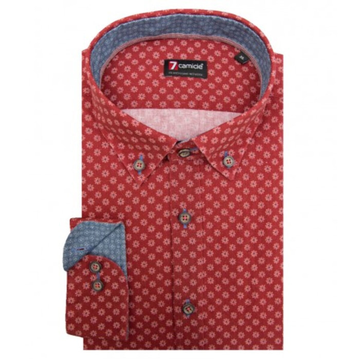 camicia uomo 1 bottone button down slim Cotone Stampato Bordeaux Chiaro e Bianco