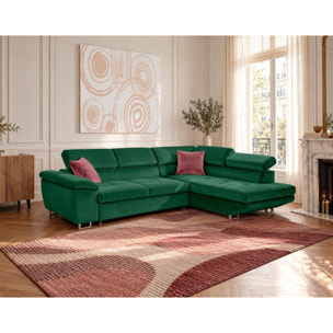 Dimas - canapé d'angle droit 5 places - convertible avec coffre et têtières réglables - en velours - Vert