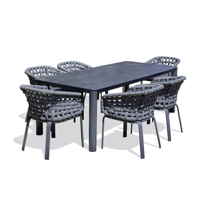 CAMARGUE - Ensemble repas de jardin 6 pl en alu avec plateau céramique sur verre