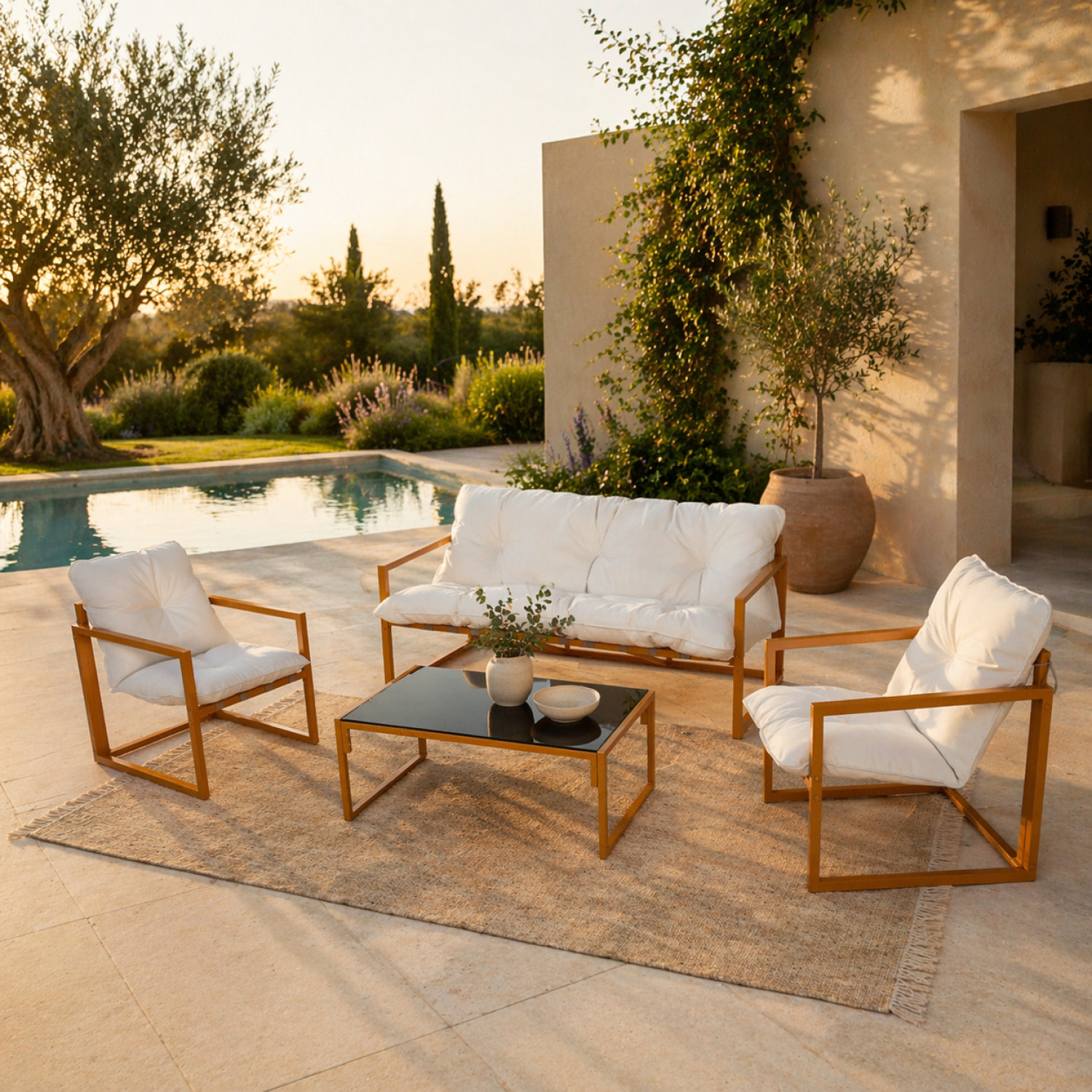 Salon de jardin 5 places contemporain marron et coussins beiges LANA