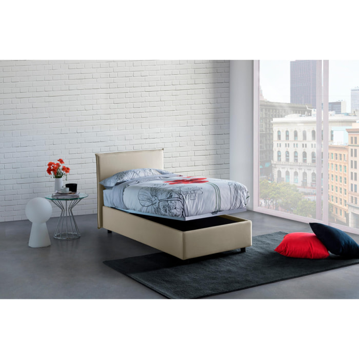 Letto singolo Brunella, Letto contenitore con rivestimento in tessuto, 100% Made in Italy, Apertura frontale, con materasso Cm 80x190 incluso, Beige