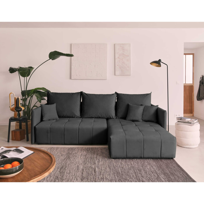 Petra - canapé d'angle réversible - convertible avec coffre - 4 places - en velours - Gris foncé