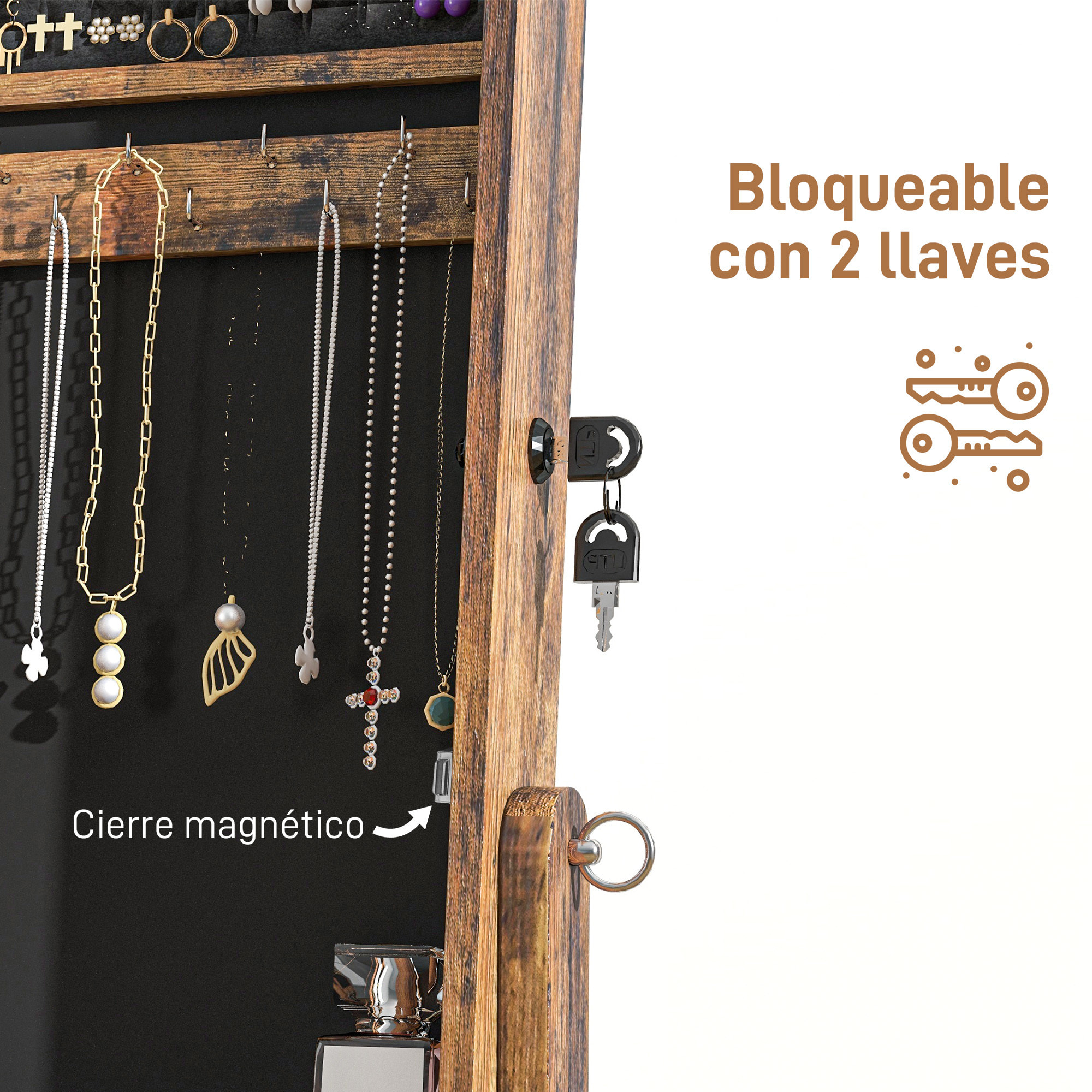 Espejo Joyero de Pie Armario de Joyería con 3 Ángulos Ajustables Cerradura Magnética Organizador de Joyas con Estantes Ranuras para Pendientes Anillos Collares 46x36,5x151,5 cm Marrón Rústico