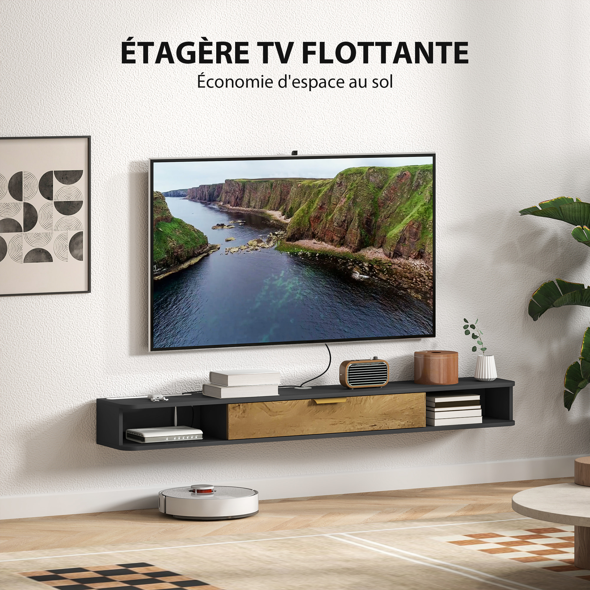 Meuble TV design suspendu - meuble TV mural - 2 niches, porte abbatante - dim. 160 x 24 x 16 cm - gris charbon effet bois