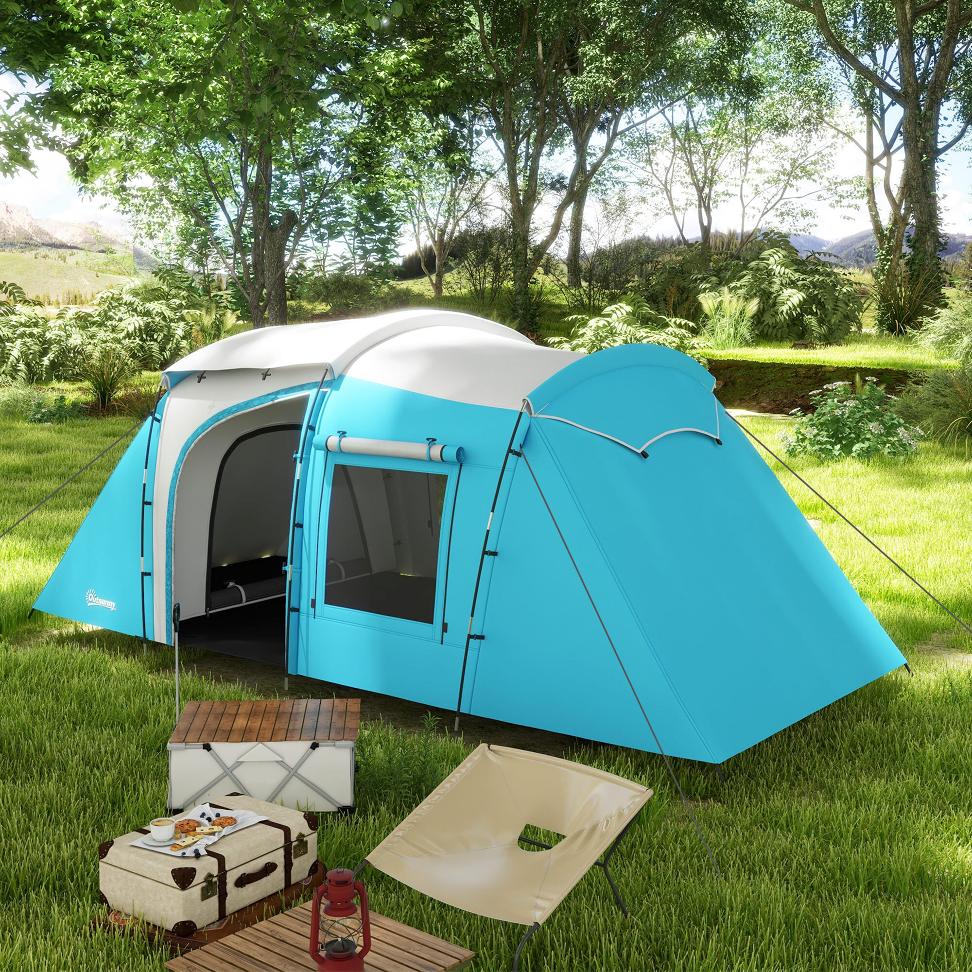 Tente de camping 3-4 pers. 2 chambres 4 portes 4 fenêtres sac bleu