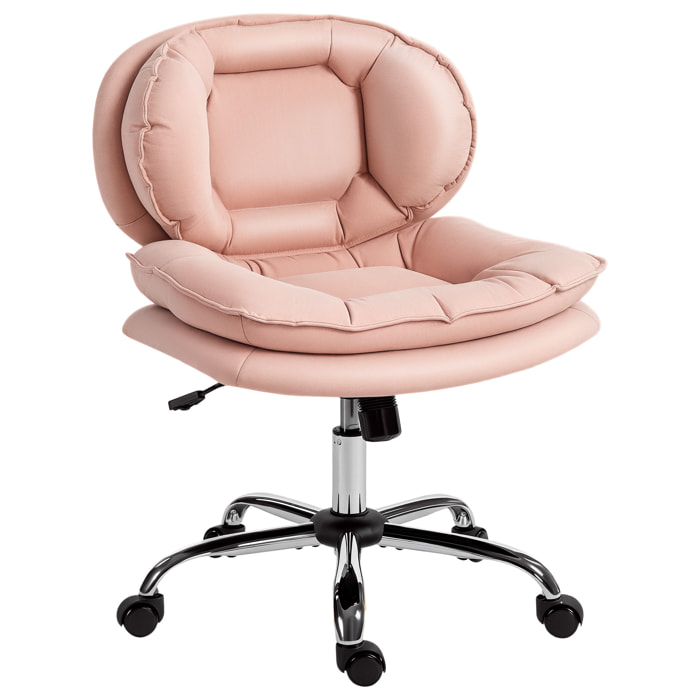 Silla de Oficina Piernas Cruzadas, Silla de Escritorio sin Brazos con Asiento Ancho, Ruedas, Altura Ajustable, Doble Acolchado, Giratoria, Función Basculante, Tapizada en PU, Rosa