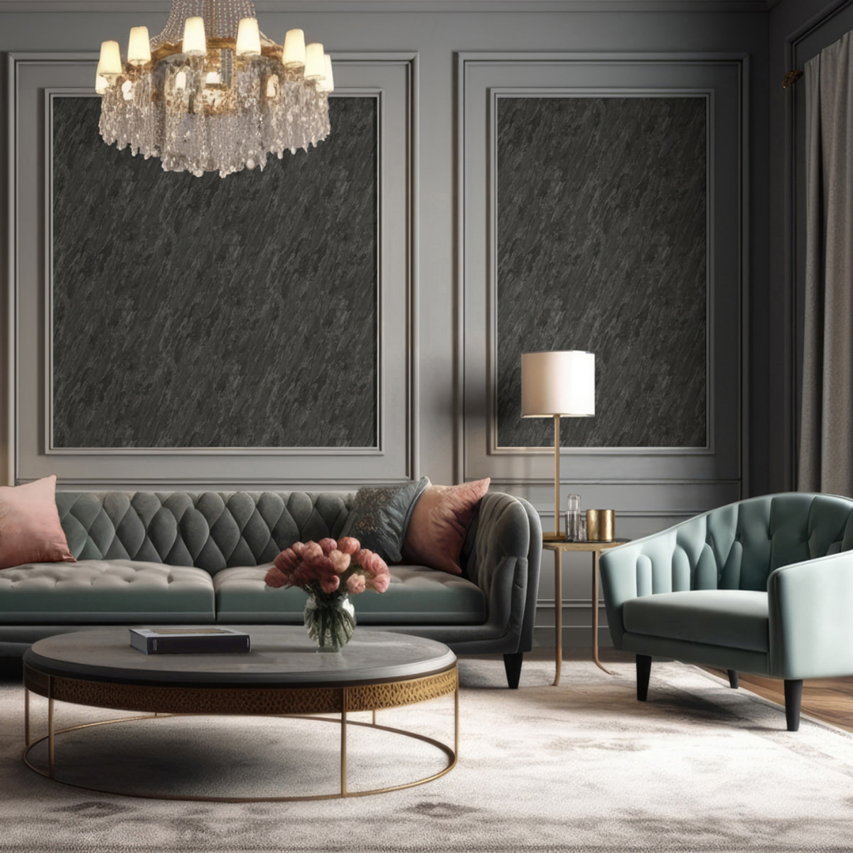 Papier peint effet marbre gris anthracite veiné or