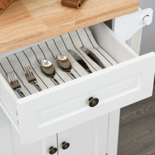 Desserte de cuisine multi rangements 2 tiroirs 2 placard 2 portes avec étagère range-bouteille porte-torchons MDF blanc hévéa