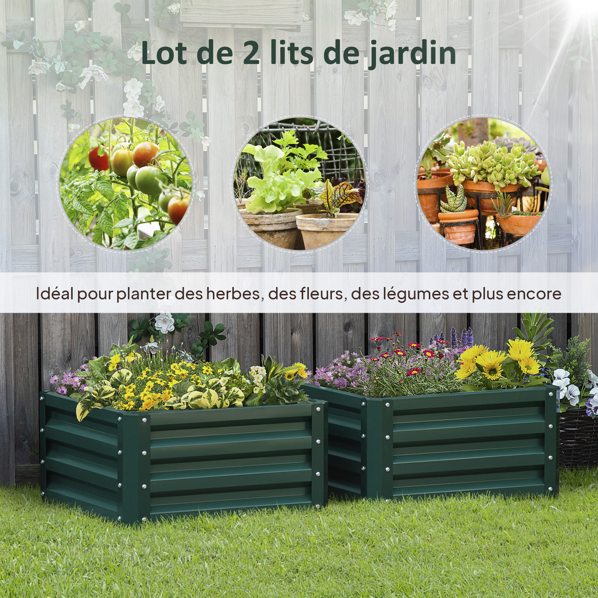 Lot de 2 carrés potagers dim. 60 x 60 x 30 cm tôle d'acier ondulé vert