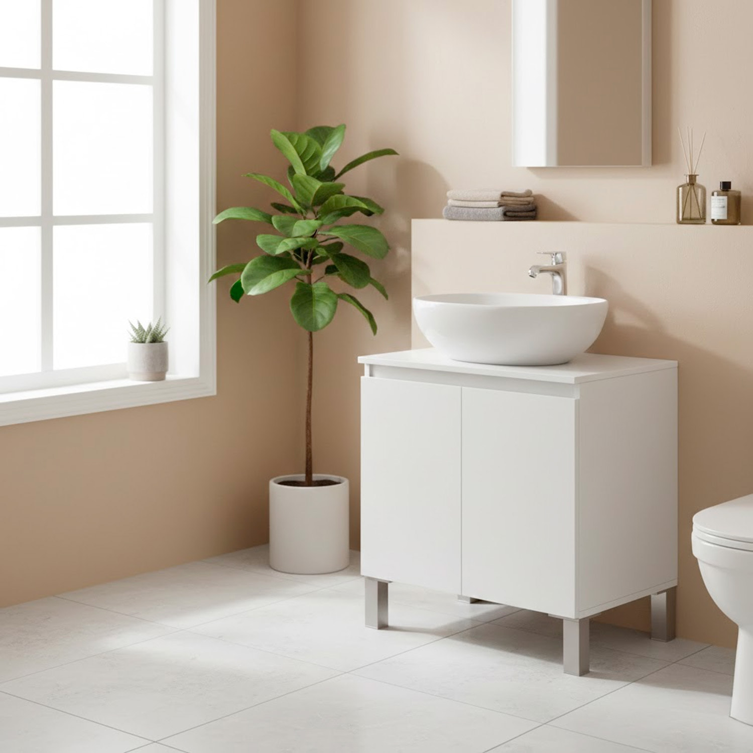 Mobile Bagno Sotto Al Lavabo Da Appoggio Con 2 Ante E Mensola Interna Salvaspazio Moderno Per lavabi Con Colonna  60 x 40 x 63.5 Cm Bianco Lucido