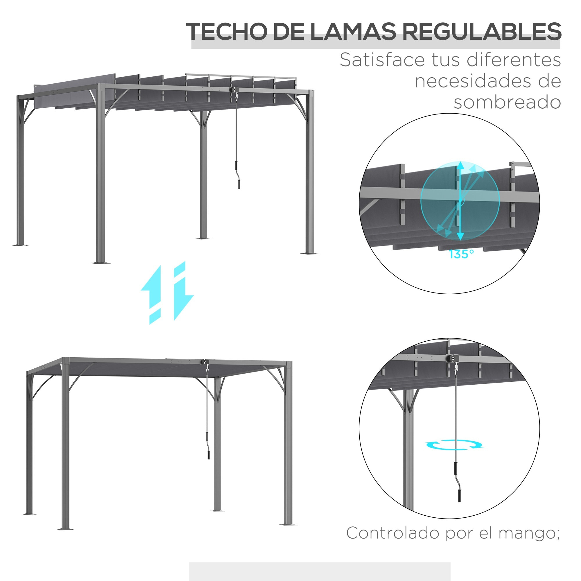 Cenador de Jardín 3x3 m Pérgola de Aluminio Gazebo con Diseño de Lamas Superior Giratorio hasta 135° y Protección UV 50+ Pabellón para Patio Terraza Balcón Gris