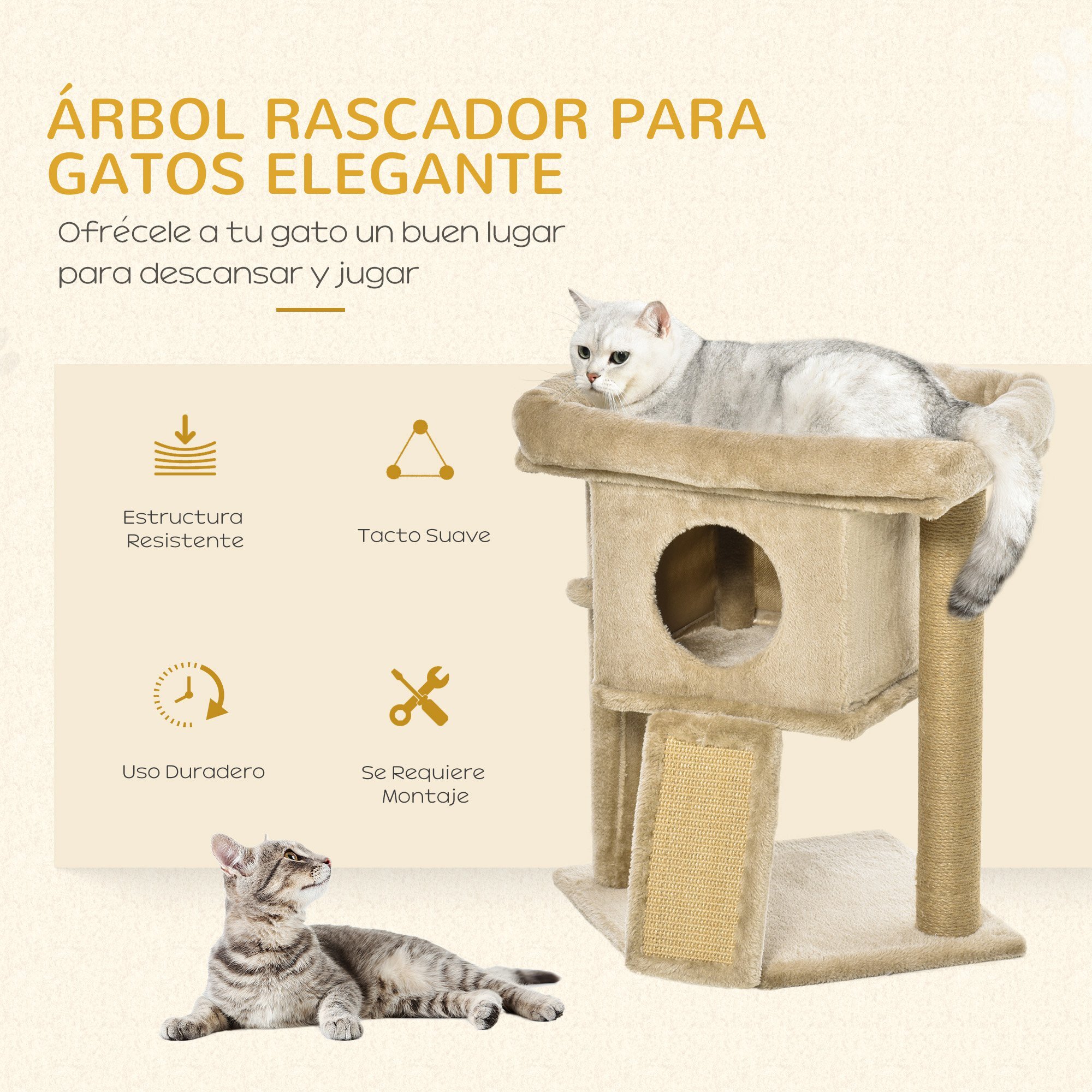 Árbol Rascador para Gatos Pequeños de 57 cm Torre para Gatos con Poste de Yute Rampa para Rascar Cama y Bola Colgante 40x40x57 cm Arena