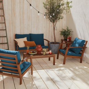 Salon de jardin en bois 4 places - Ushuaïa - Coussins bleu canard. canapé. fauteuils et table basse en acacia. design