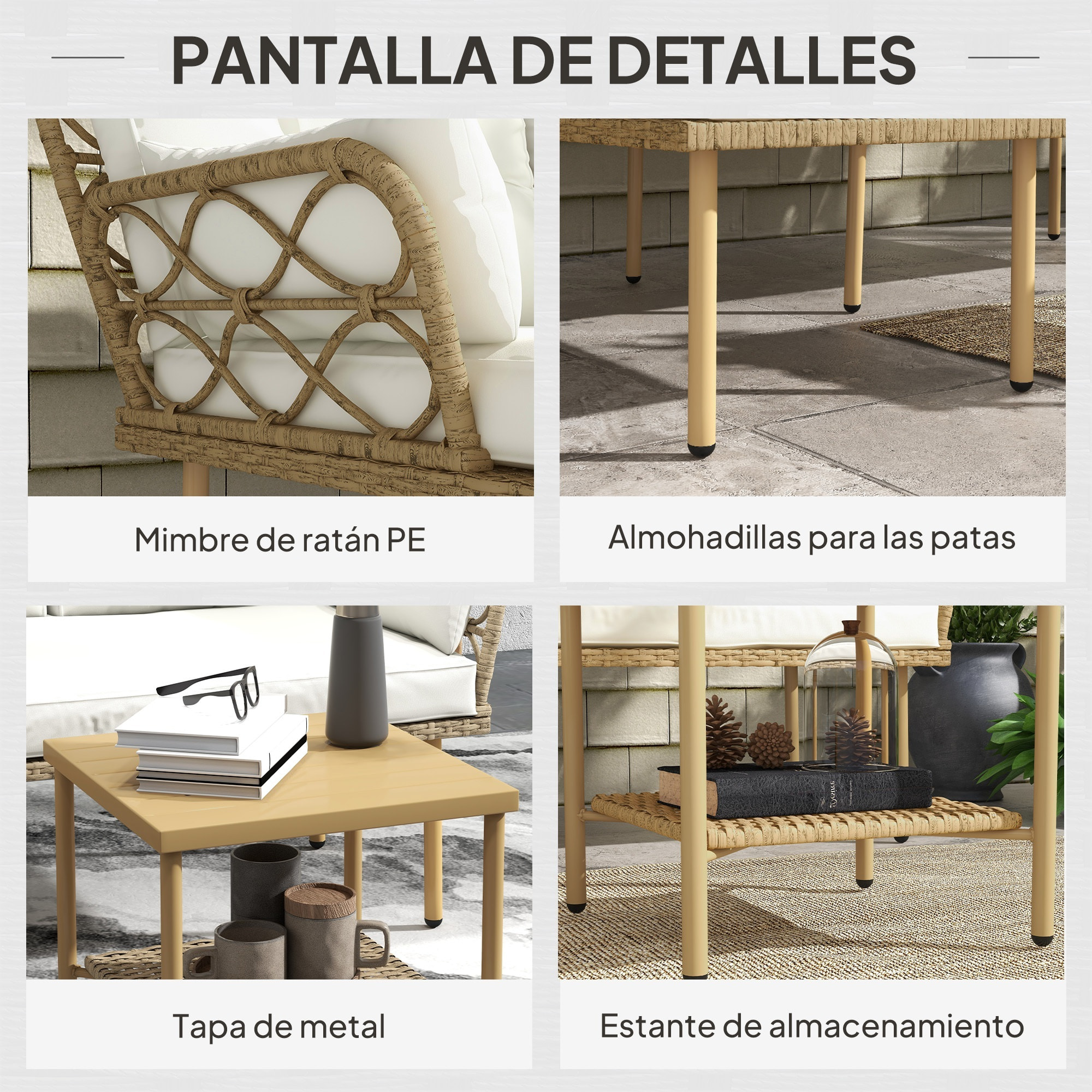 Conjunto de Jardín de Ratán, Juego de 3 Piezas Muebles Jardín Exterior con 1 Sofá de 2 Plazas, 1 Sofá Esquinera, 1 Mesa de Centro Metálica de 2 Niveles y Cojines, Anti-UV, para Patio, Crema