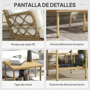 Conjunto de Jardín de Ratán, Juego de 3 Piezas Muebles Jardín Exterior con 1 Sofá de 2 Plazas, 1 Sofá Esquinera, 1 Mesa de Centro Metálica de 2 Niveles y Cojines, Anti-UV, para Patio, Crema