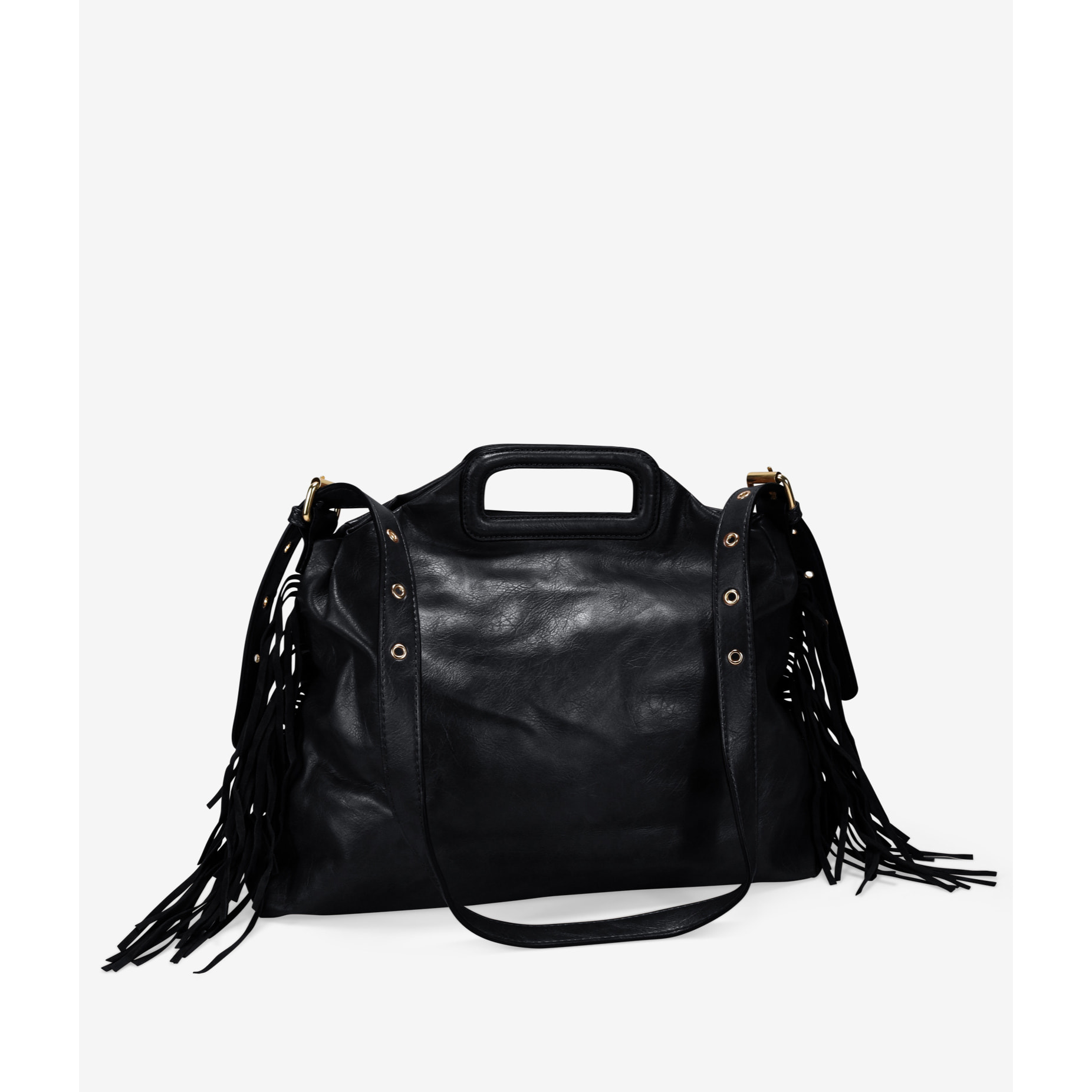 Bolso de mano negro con flecos y asa de colgar