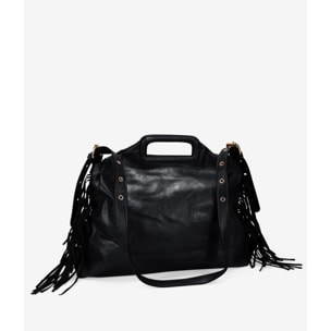 Bolso de mano negro con flecos y asa de colgar
