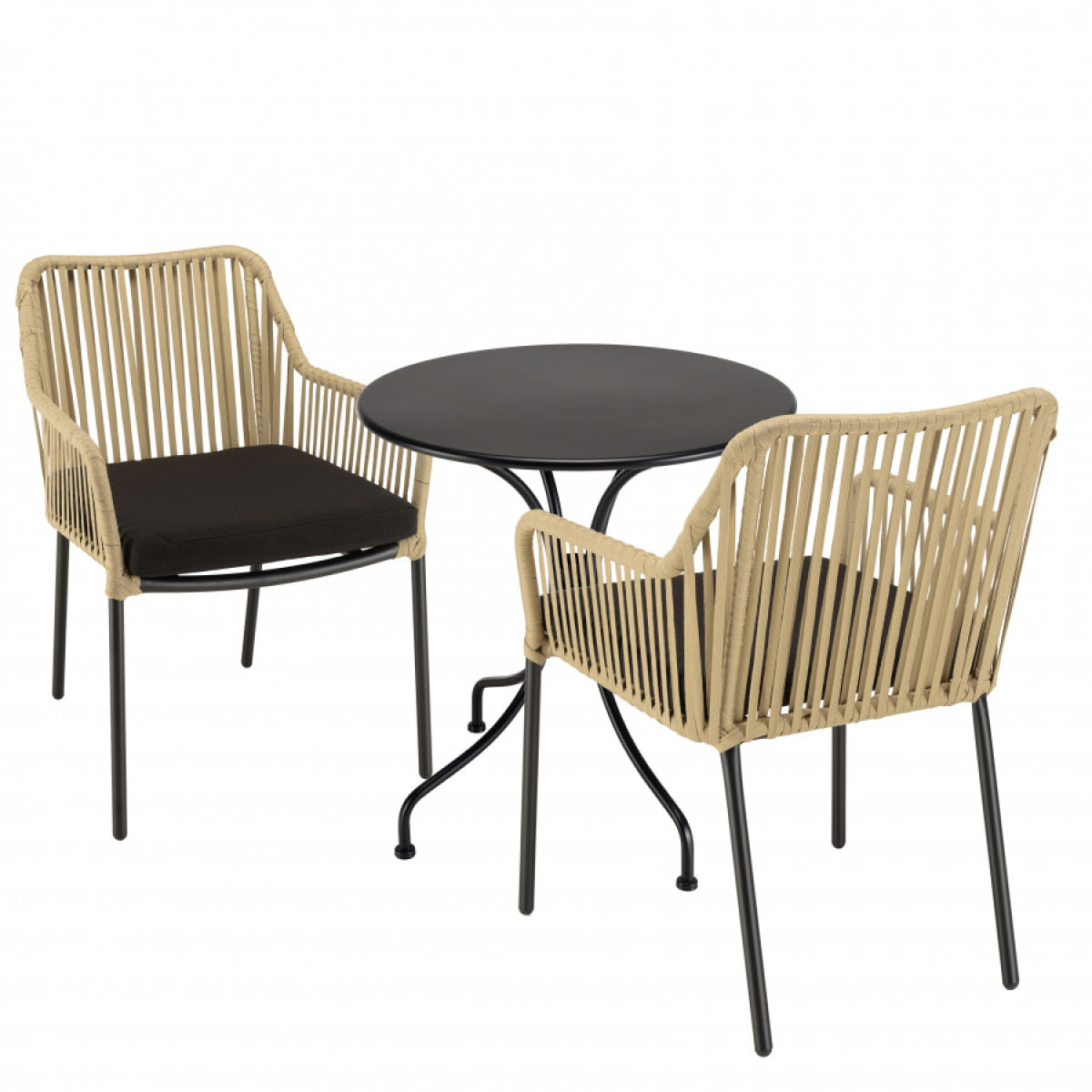 MALO - SALON DE JARDIN 2 PERS. - Table ronde 70x70cm et 2 fauteuils beiges et noirs en cordage