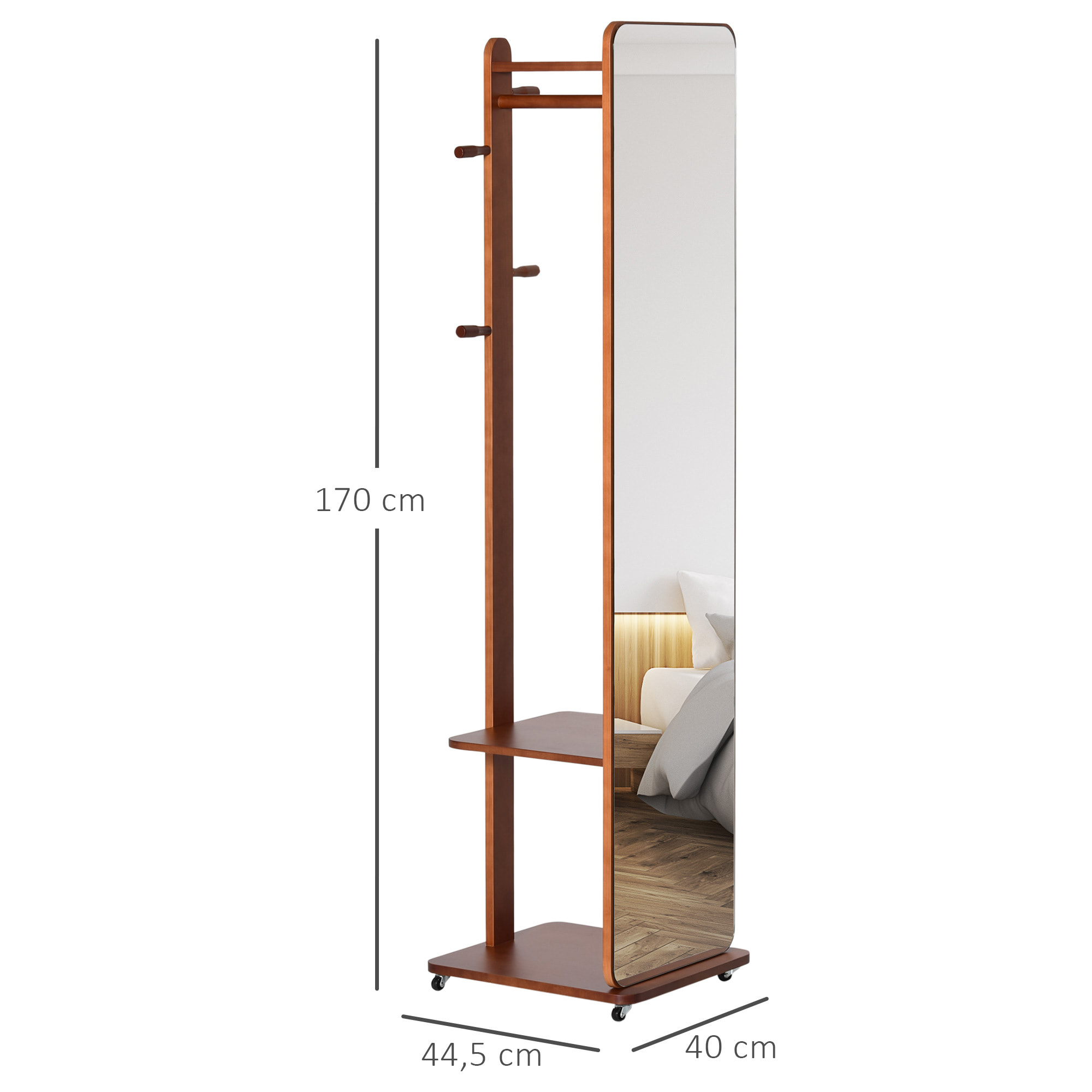 Miroir sur pied avec roulettes - portant, 4 patères étagère MDF aspect noyer