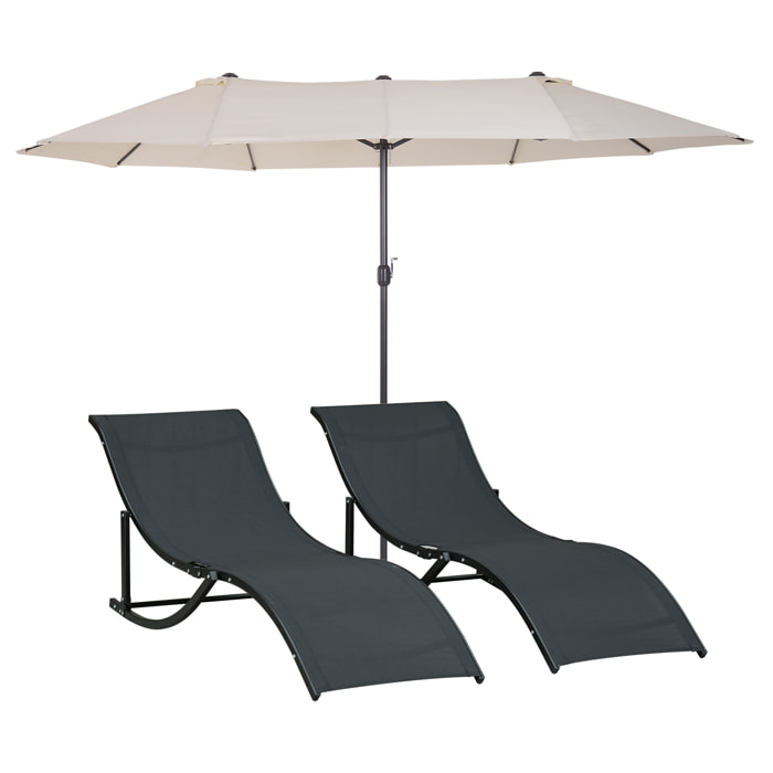 Conjunto de Sombrilla Doble y 2 Tumbonas Plegables en Forma de S para Piscina Patio Jardín Terraza 4,55x2,65x2,38 m 165x61x63 cm Beige y Negro
