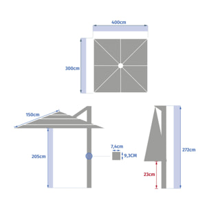 Parasol déporté rectangulaire multi-toile "Melhia" Bleu canard 4 x 3m en aluminium acier et oléfine