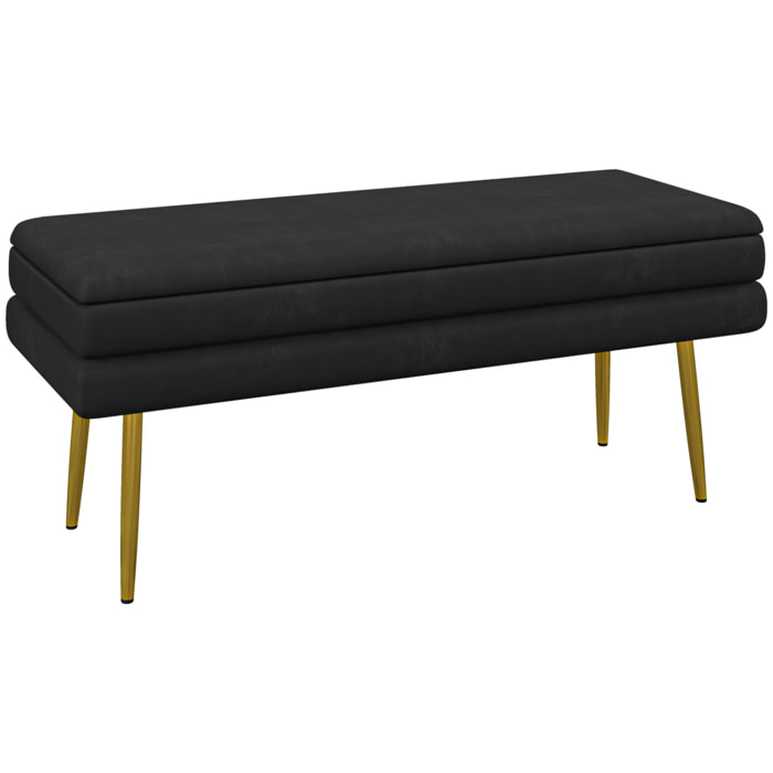 Banquette coffre de rangement 2 en 1 piètement effilé incliné acier doré velours noir