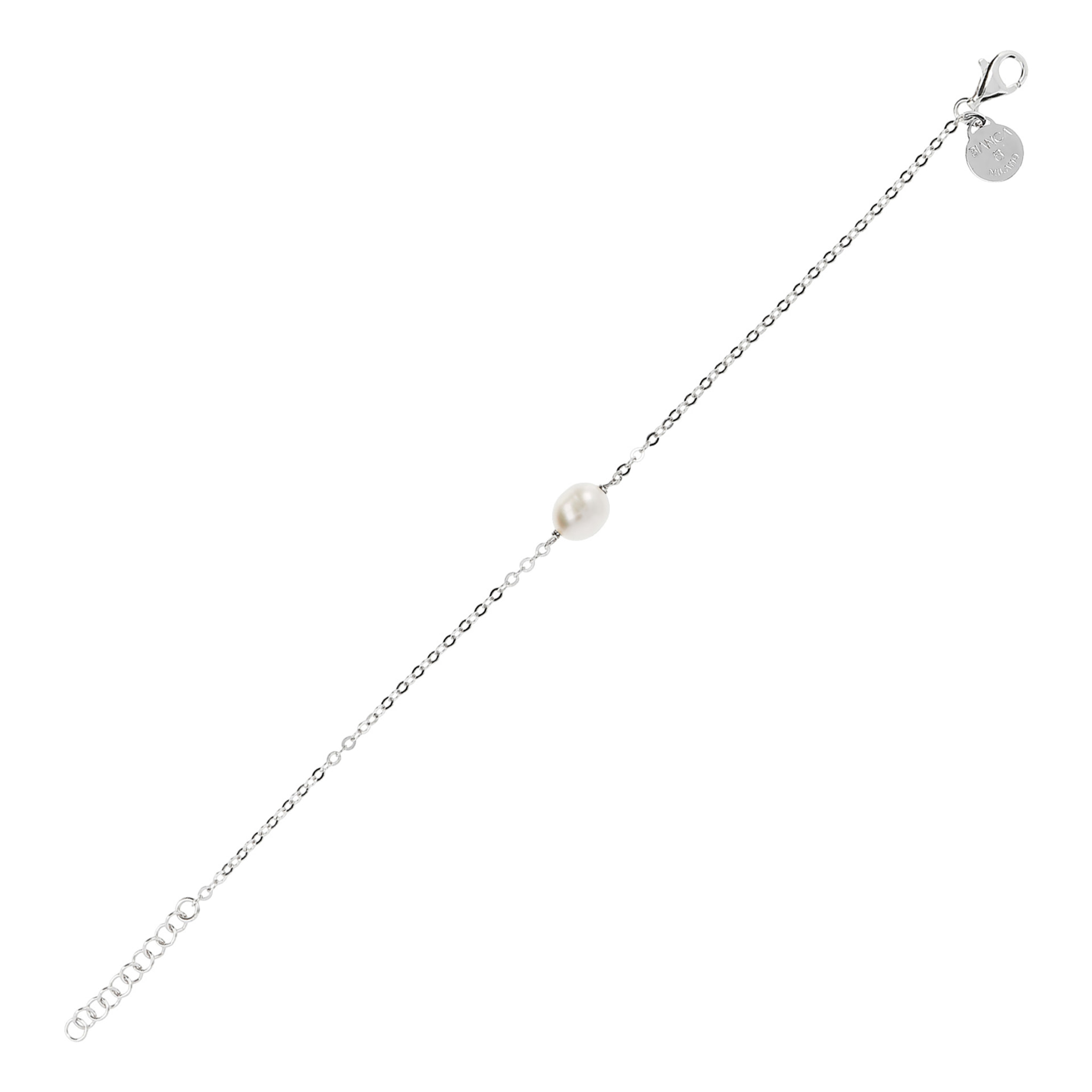 PERLAVIVA - Bracciale Catena Rolo in Argento 925 placcato Platino e Perla d'Acqua Dolce Bianca Ø 7/8 mm