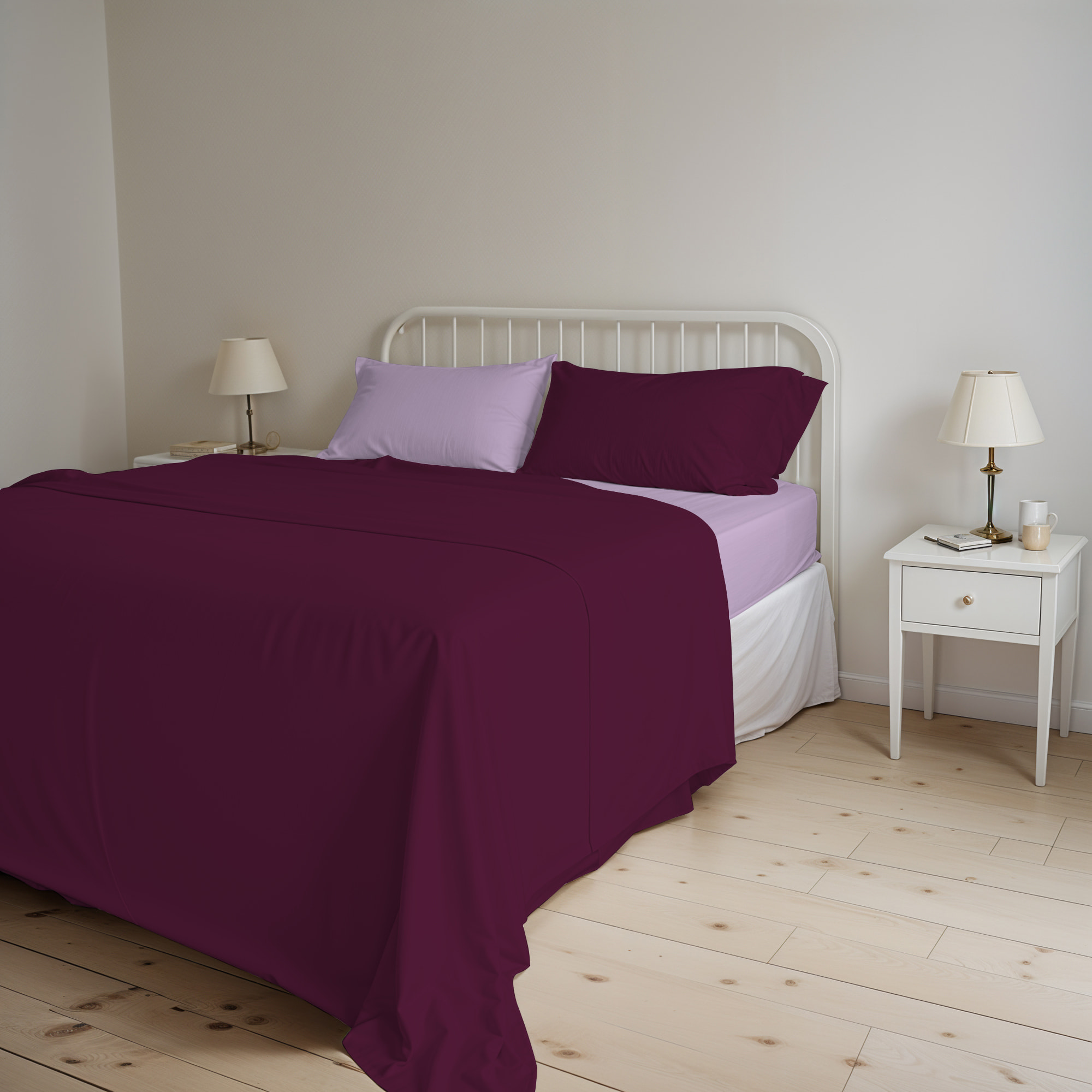 COMPLETO LETTO NATURAL COLOR, 100% Cotone, Made in Italy - PRUGNA/LILLA