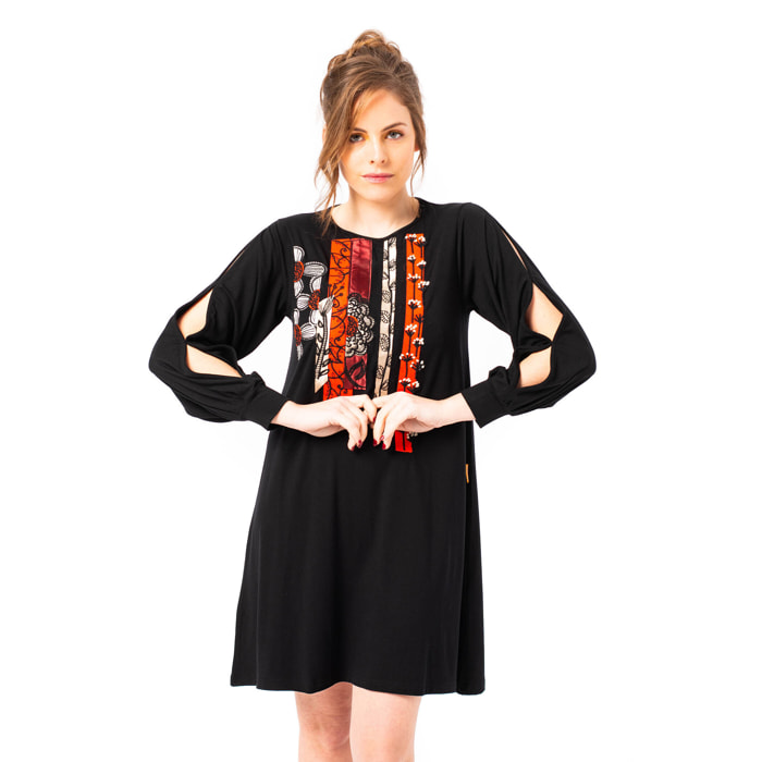 Mamatayoe Olinalá. Vestido Corto de Mujer de Color Negro con Detalles Bordados para Otoño Invierno. Vestido Fluido de Punto Roma con Manga Larga de Estilo Boho Chic.