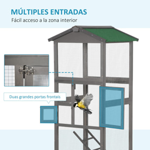 Jaula para Pájaros Grande 68x63x165 cm Pajarera de Madera de Abeto con 2 Puertas Bandeja Extraíble y Techo Asfáltico Gris Claro